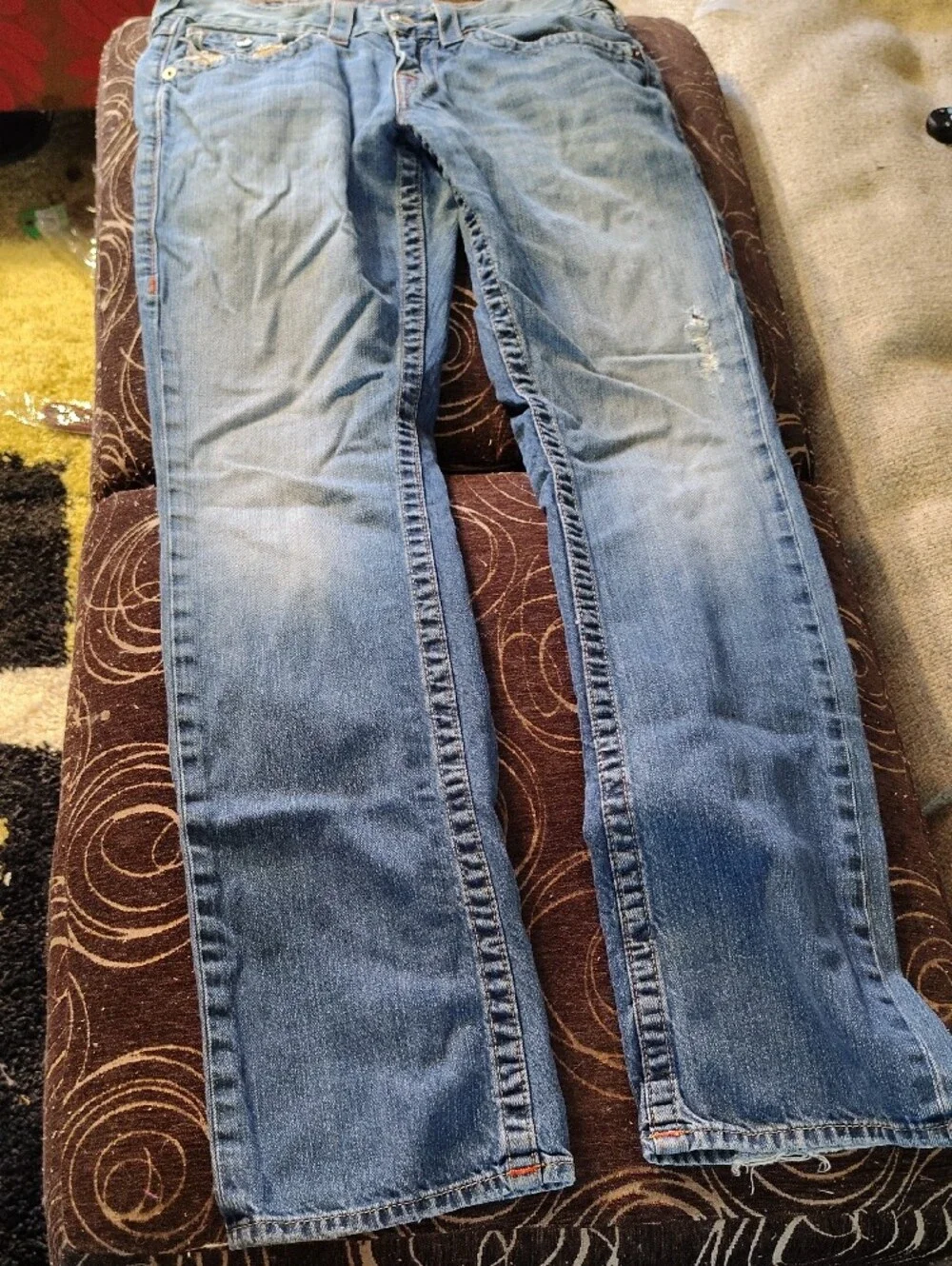 Chief Keef True Religion Camo Pocket Patches Distressed Light Blue Strip Jeans